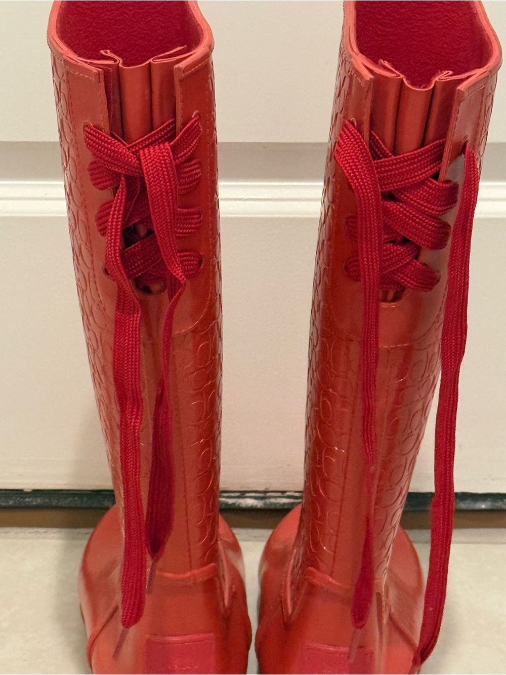 Coach Red Croc-Embossed Knee-High Lace-Up Boots